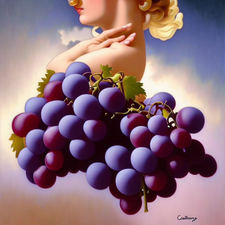 Stylized painting of woman with purple grapes in soft lighting