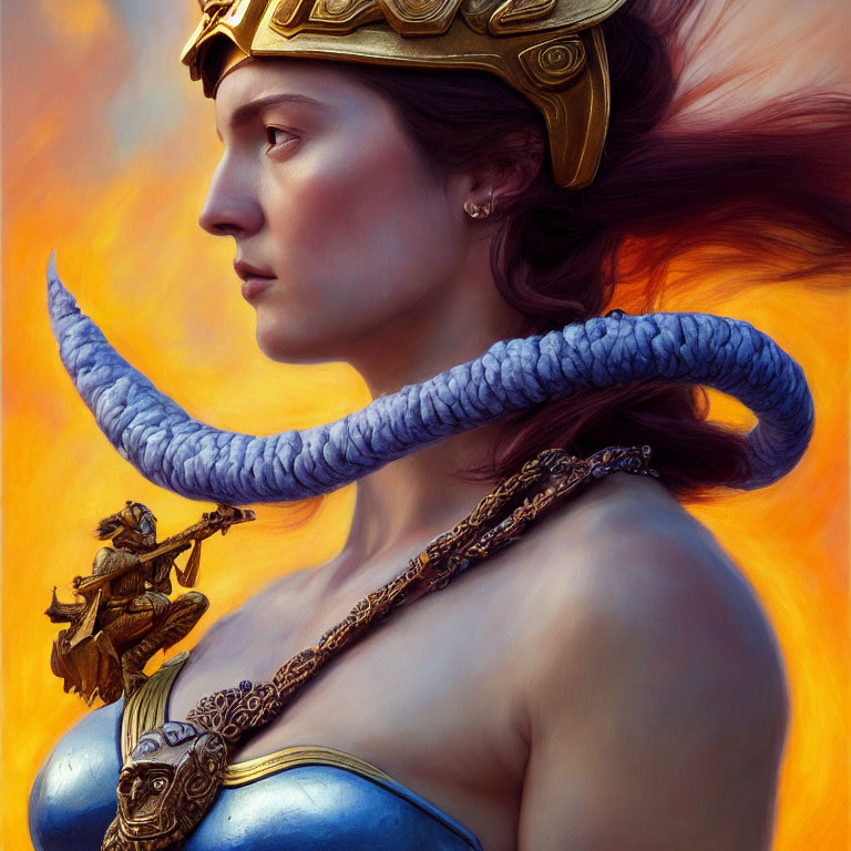 Detailed Warrior Woman Artwork with Golden Helmet and Engravings