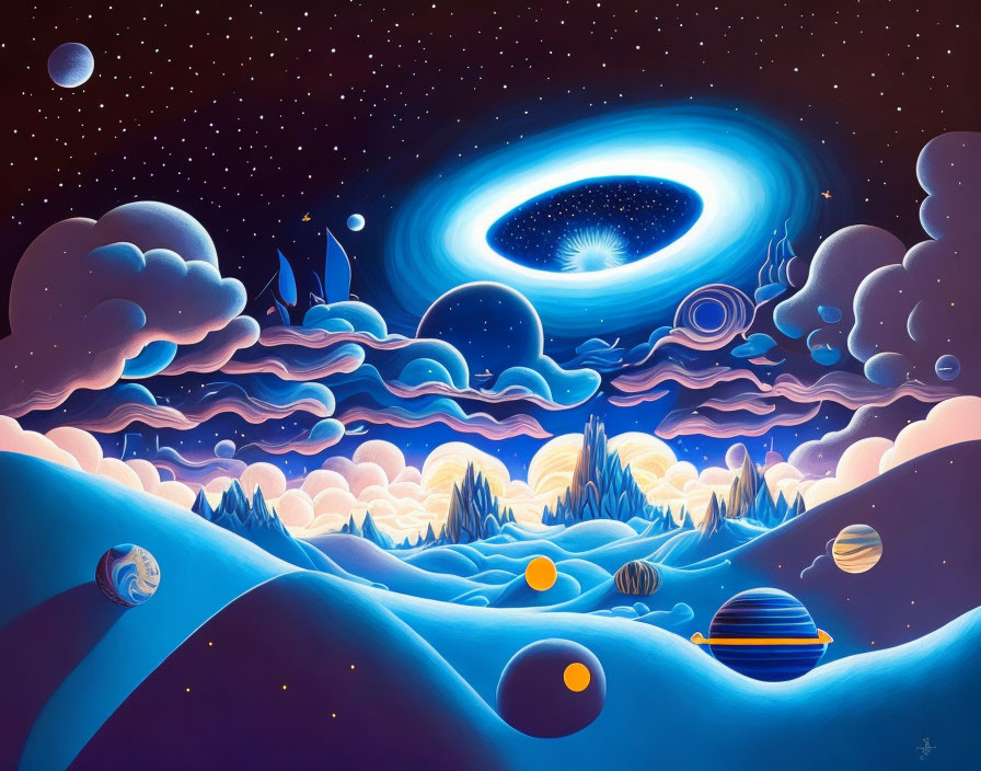 Surreal landscape with rolling hills, black hole, night sky, and celestial bodies