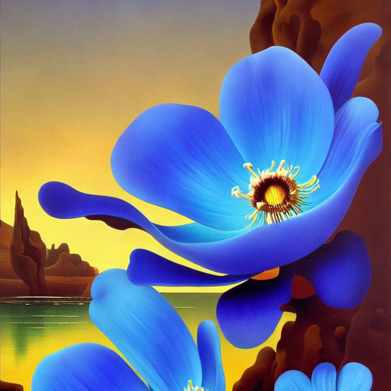 Colorful surreal painting of oversized blue flower in golden landscape