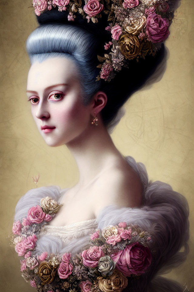 Digital portrait of woman in 18th-century fashion with rose-adorned hairdo & floral dress