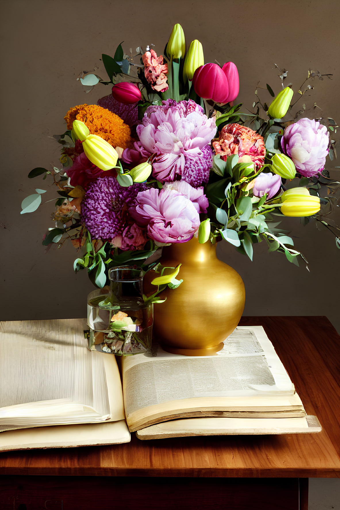 Colorful bouquet in golden vase with open book on wooden table