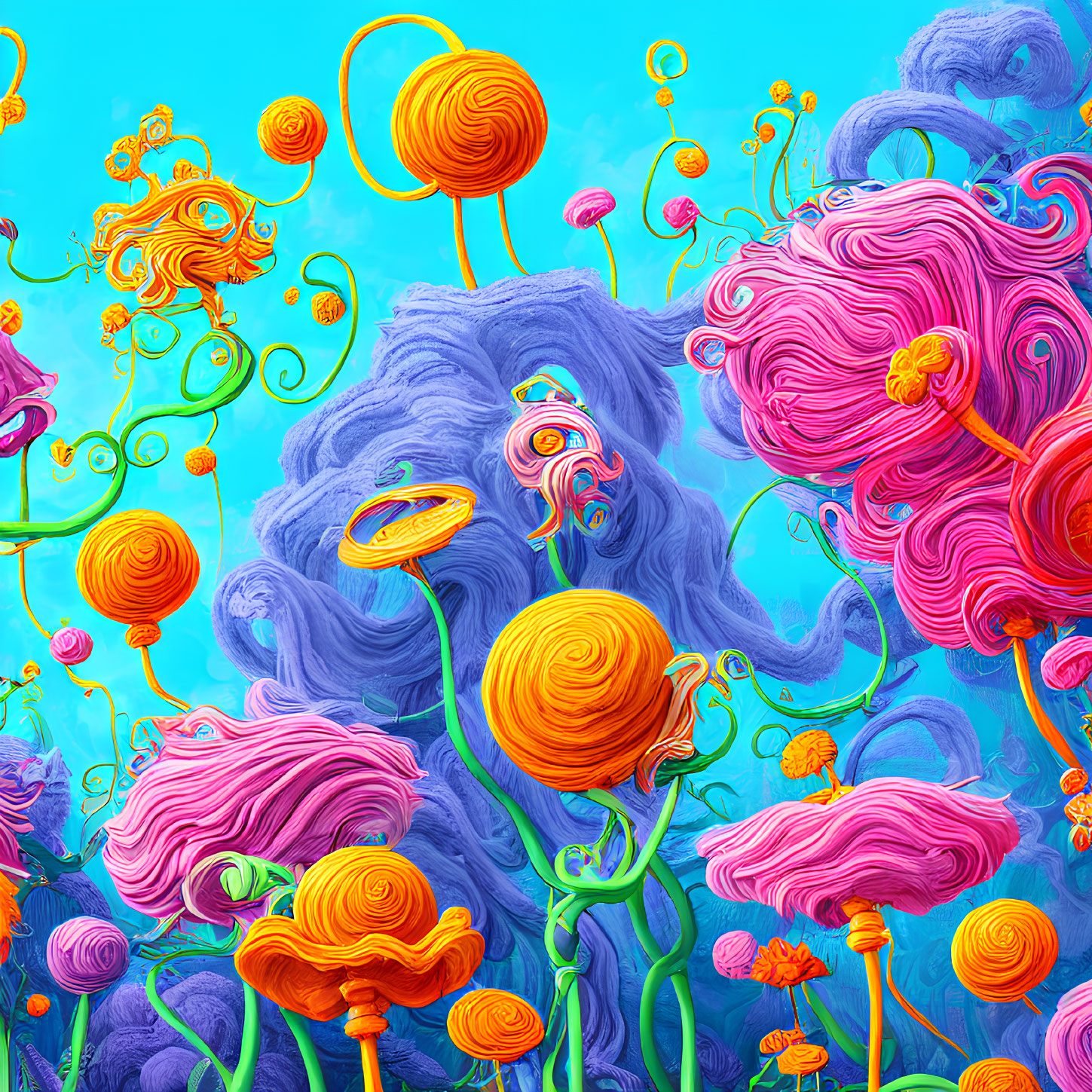 Colorful swirl-patterned orange and pink flora in dreamlike landscape