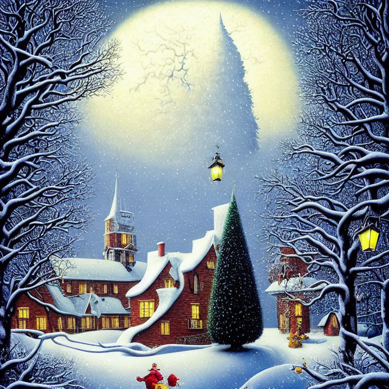 Snow-covered village with Christmas tree and full moon