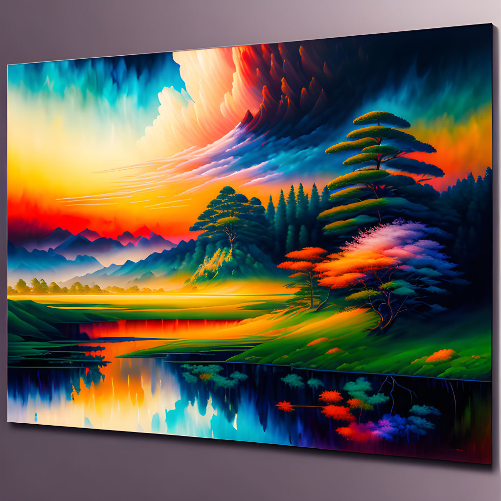 Colorful landscape painting with swirling clouds, lush trees, and reflective lake at sunset