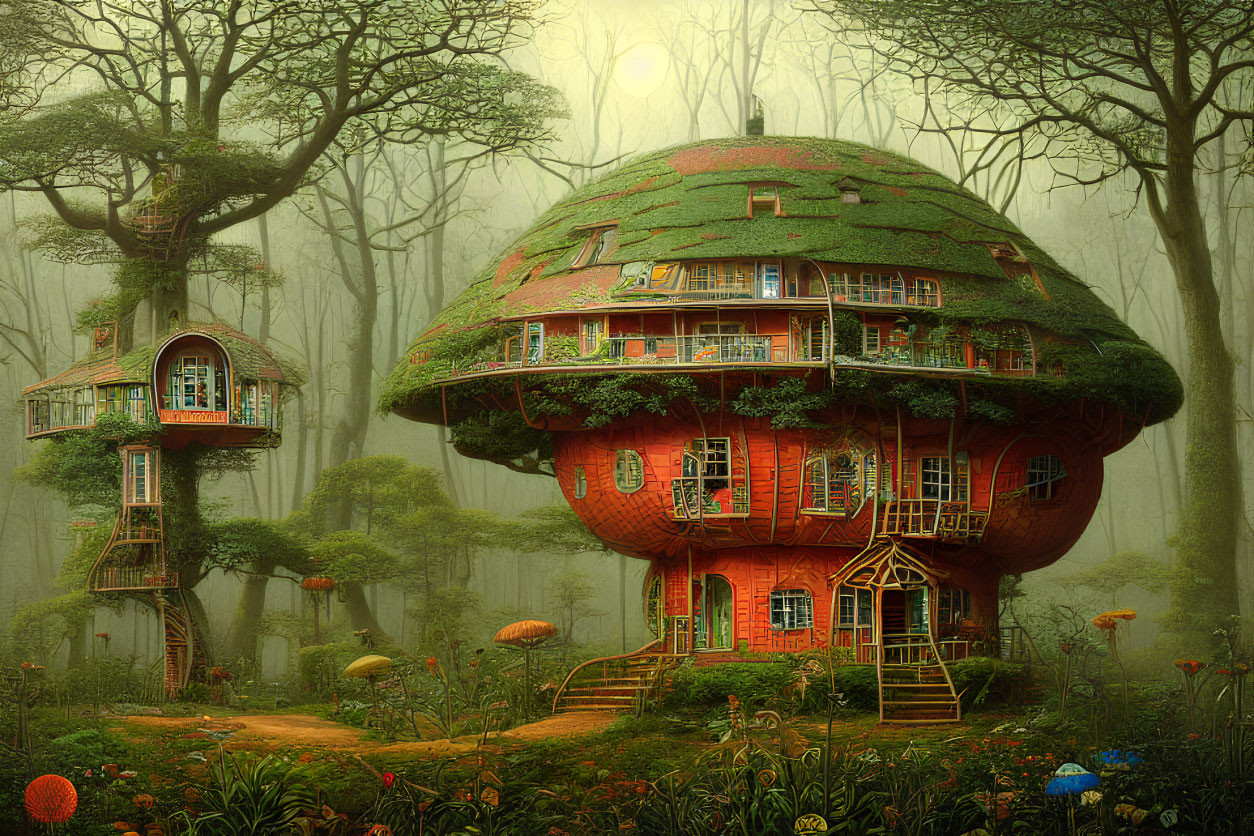 Whimsical mushroom house in foggy forest with intricate details