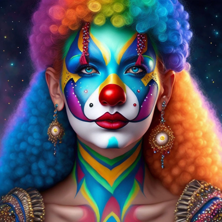 Colorful portrait of a woman with clown makeup and rainbow hair against cosmic background