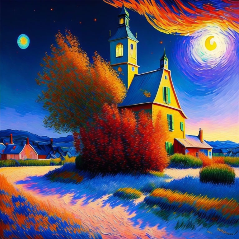 Stylized painting of church with tall steeple in autumn scene