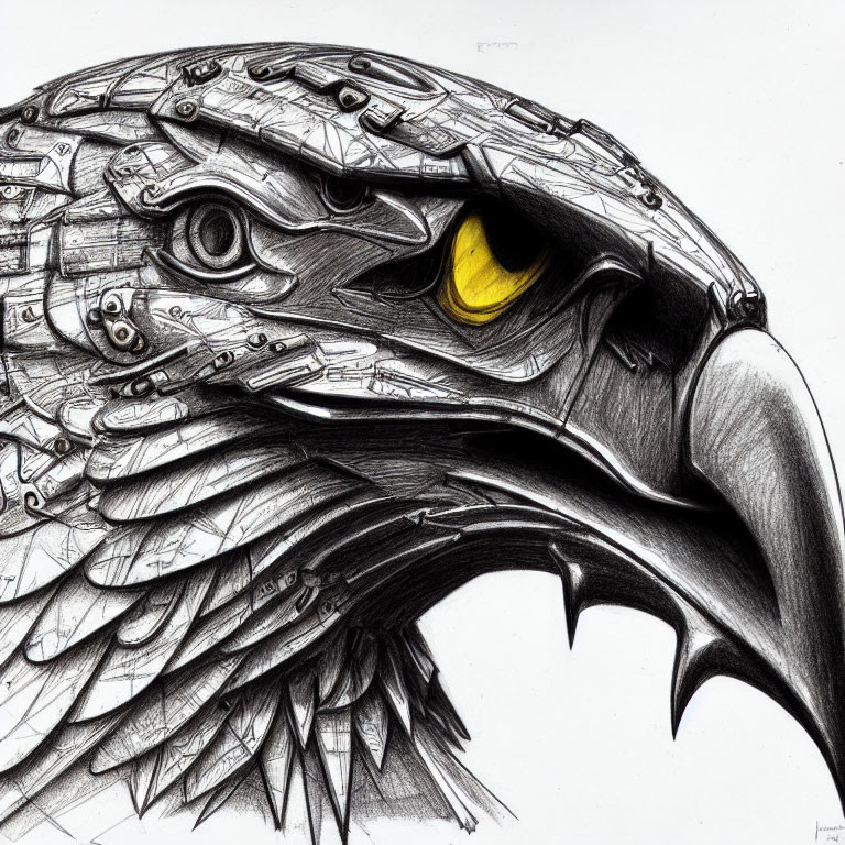 Detailed Mechanical Eagle Drawing with Gears and Yellow Eye