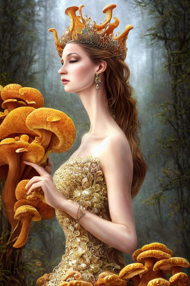 Regal figure with golden crown in enchanted forest among giant mushrooms