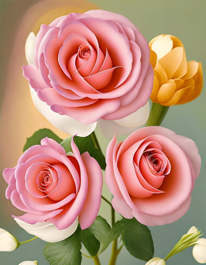 Pink roses in full bloom with yellow and white flowers on green background