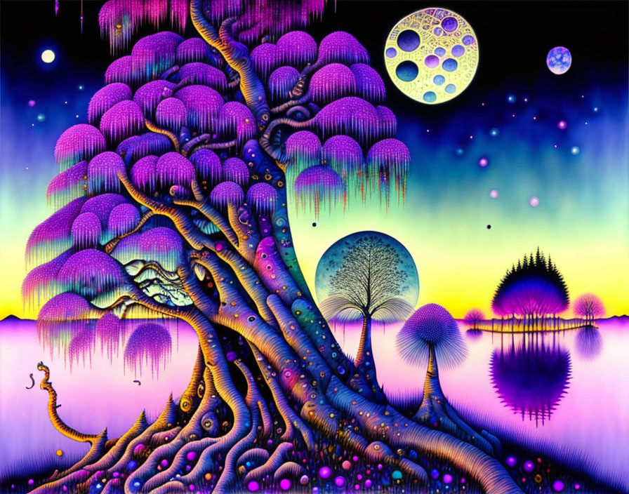 Surreal landscape with purple tree and moons over reflective water