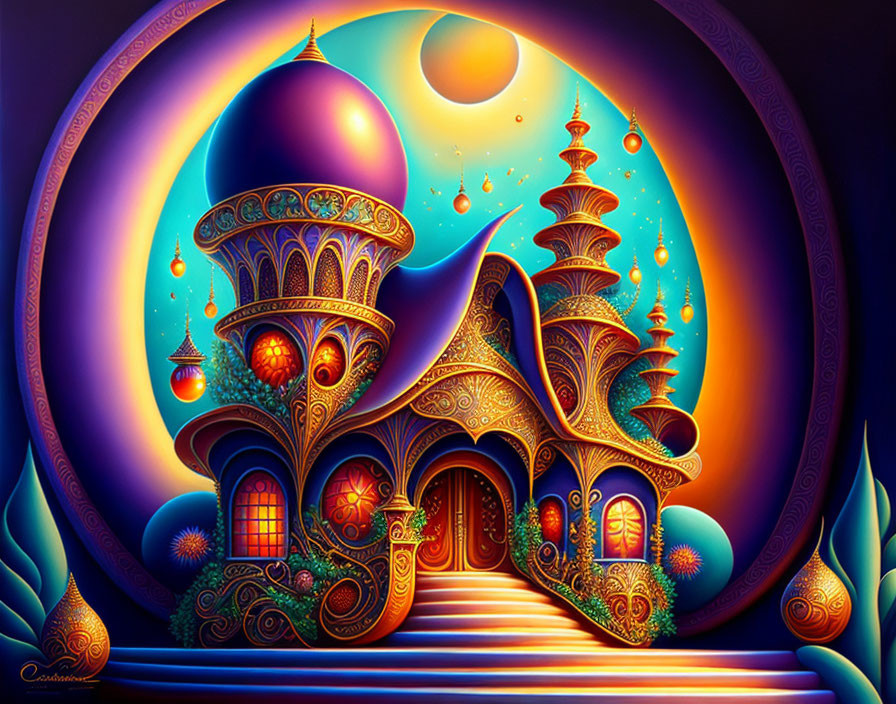 Fantastical palace illustration with vibrant colors and ornate patterns