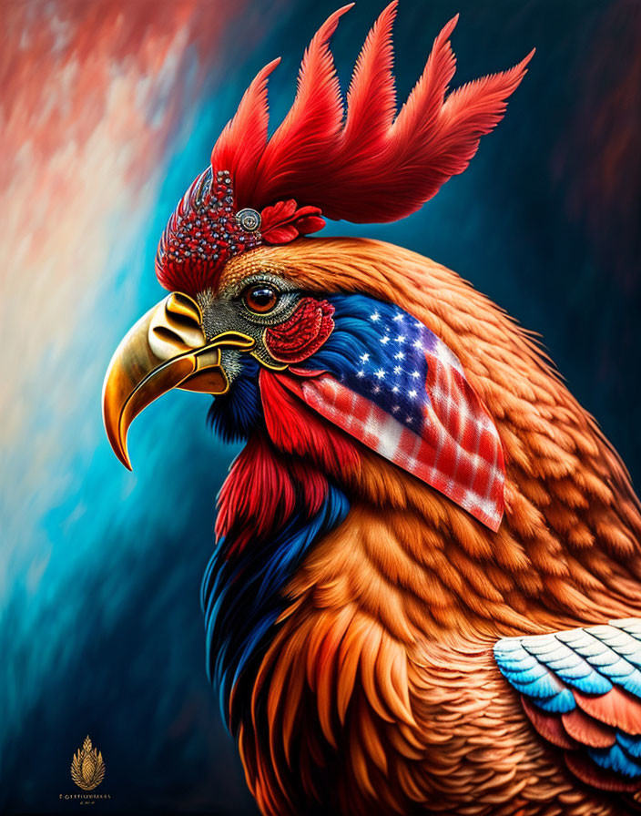 Colorful Rooster Portrait with American Flag Scarf and Vibrant Feathers