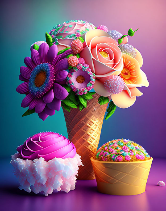 Vibrant digital artwork of ice cream cone and cup with floral bouquet and cupcake