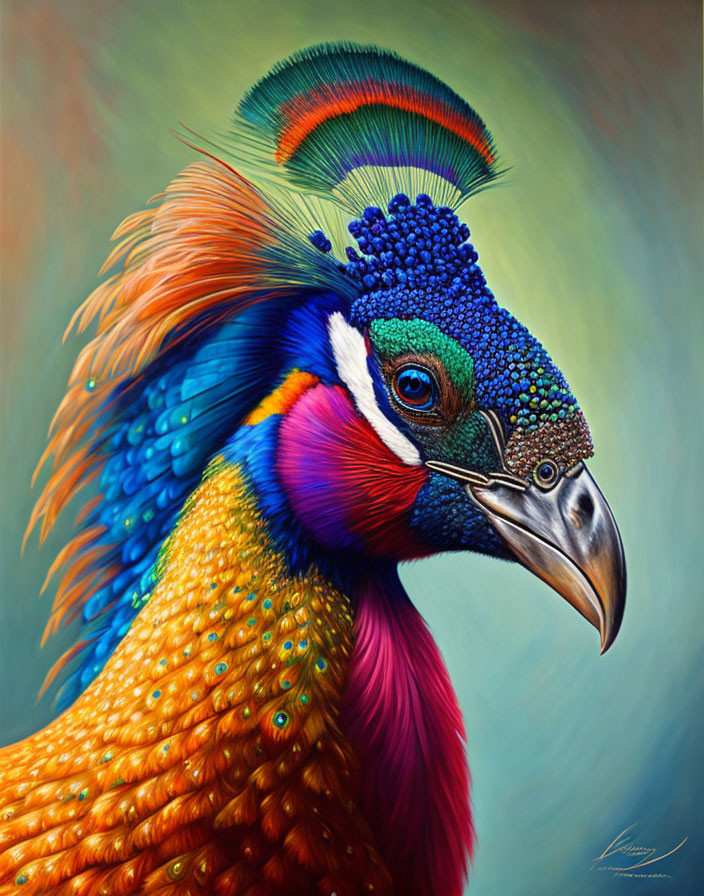 Colorful digital painting of a peacock head with iridescent feathers