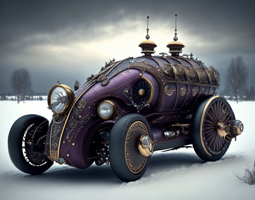 Steampunk-inspired vehicle with metalwork and gears in snowy landscape