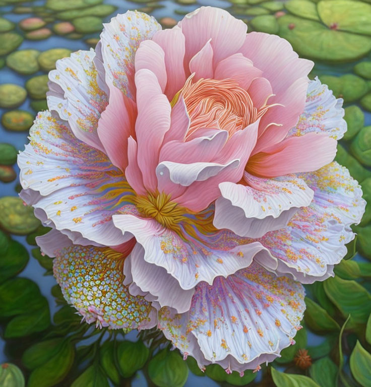 Detailed painting: Large pink lotus flower surrounded by green lily pads on blue water