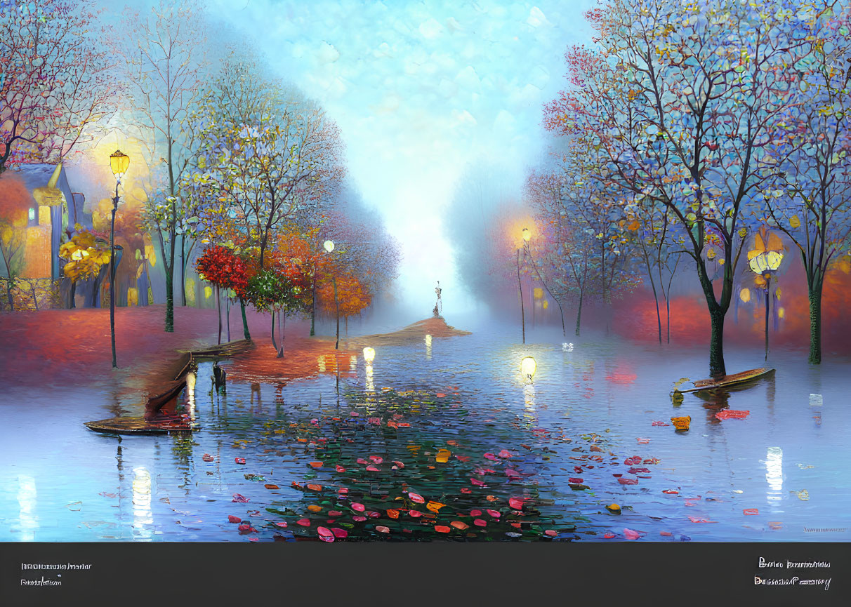 Colorful painting: Serene park at dusk with street lamps and figure