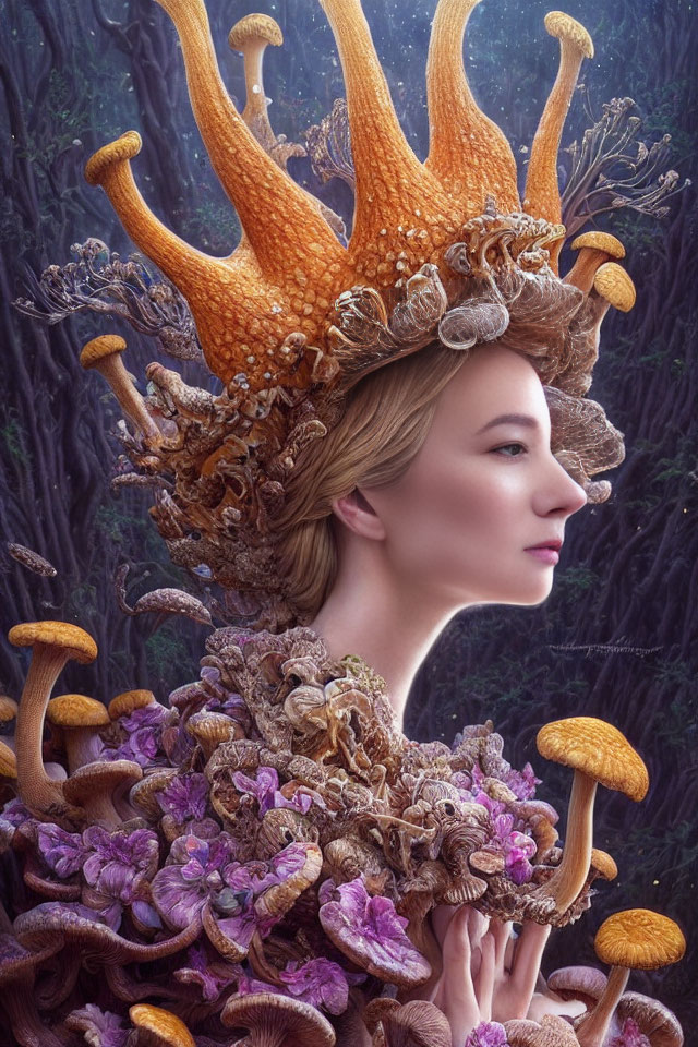 Person with fantastical mushroom crown and garb, purple flowers