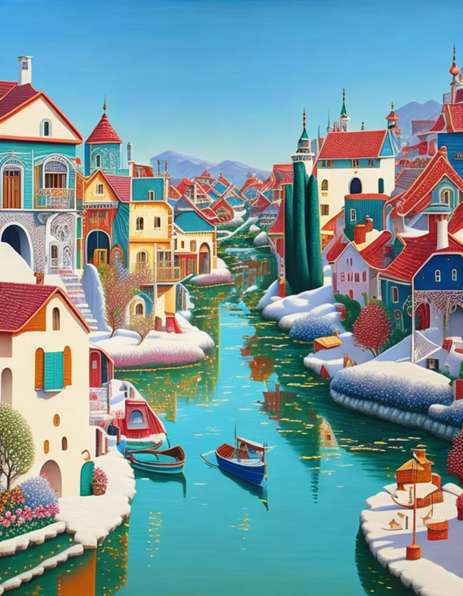 Colorful European Canal Town Painting with Boats and Charming Houses