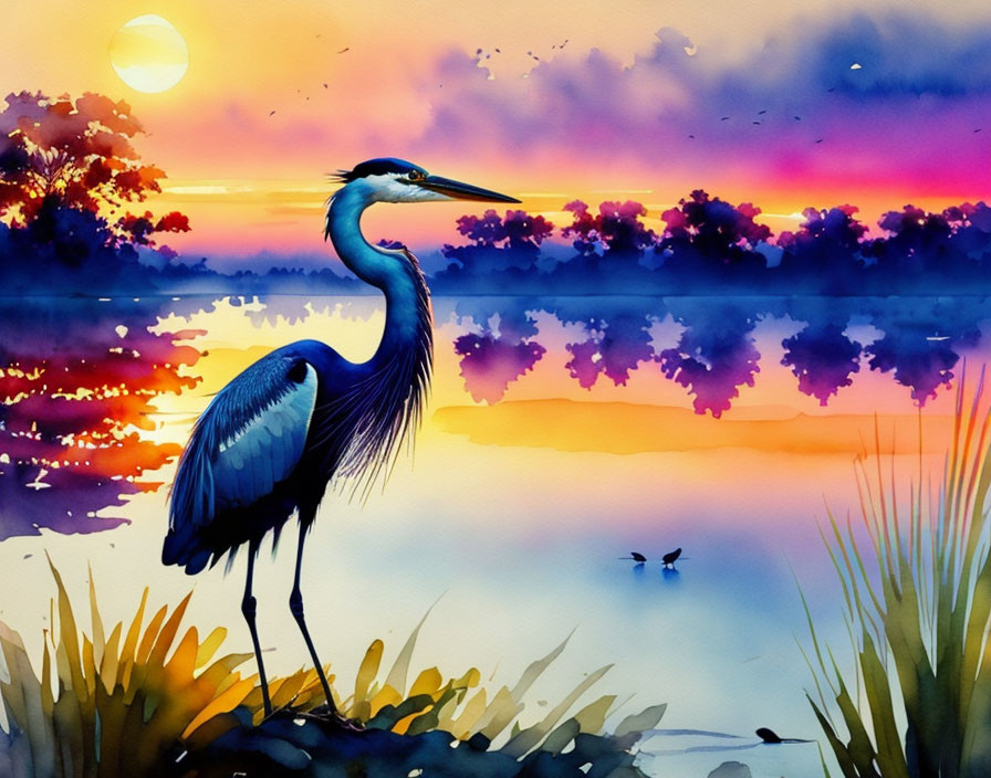 Heron by Water at Sunset with Vibrant Colors