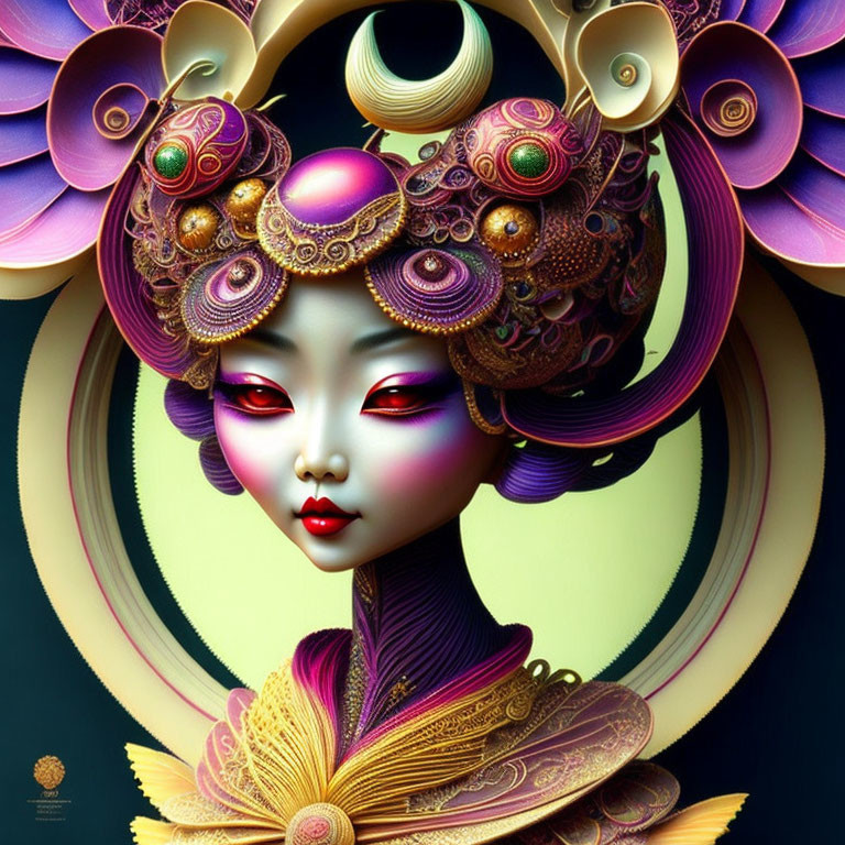 Stylized digital artwork of woman with golden headdress & floral motifs