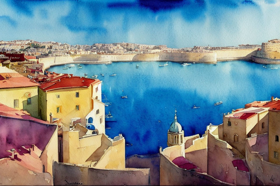 Coastal Town Watercolor Painting with Terracotta Roofs & Blue Bay