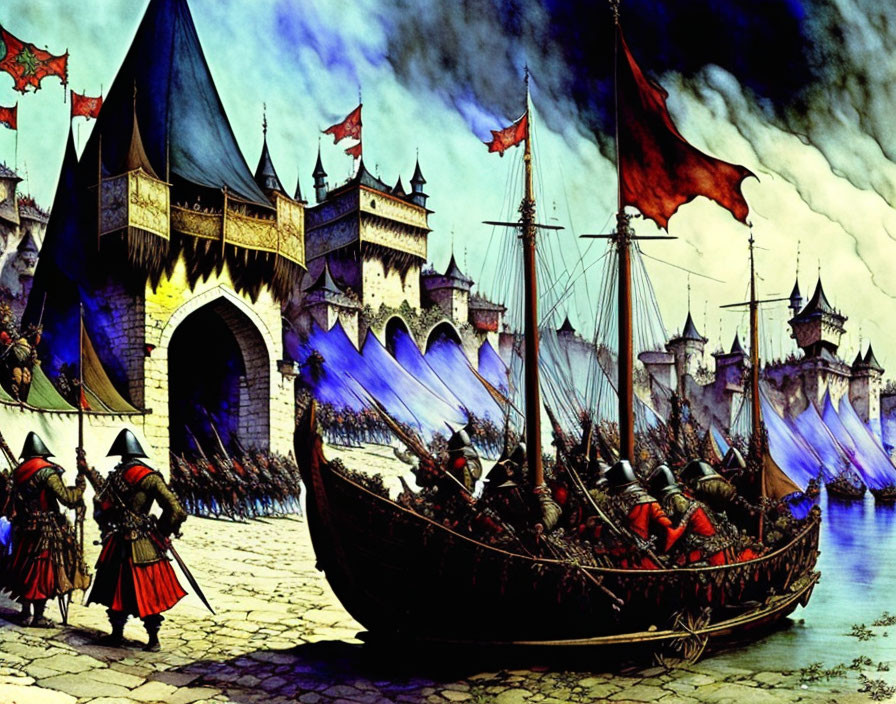 Medieval soldiers disembarking from ship near castle under dark sky