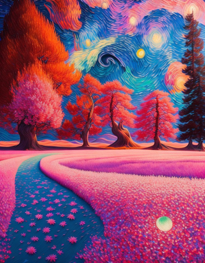 Surreal landscape painting with swirling skies and colorful trees