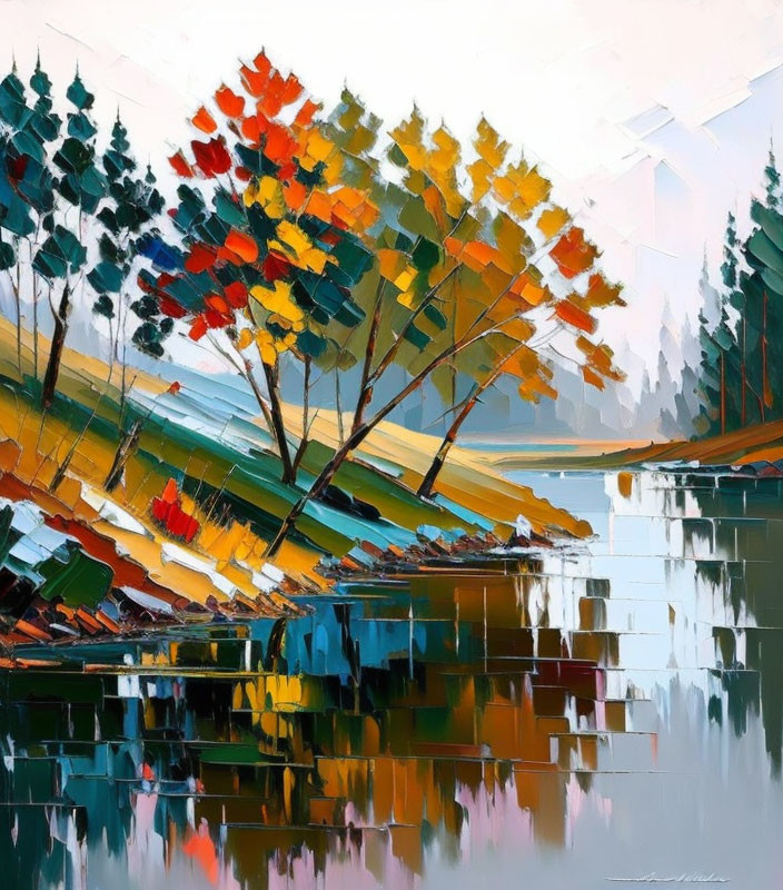 Impressionistic autumn trees with colorful foliage reflected in tranquil water