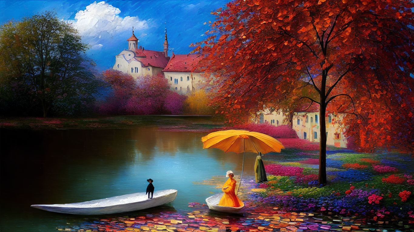 Scenic autumn landscape with lake, boats, castle, and colorful trees