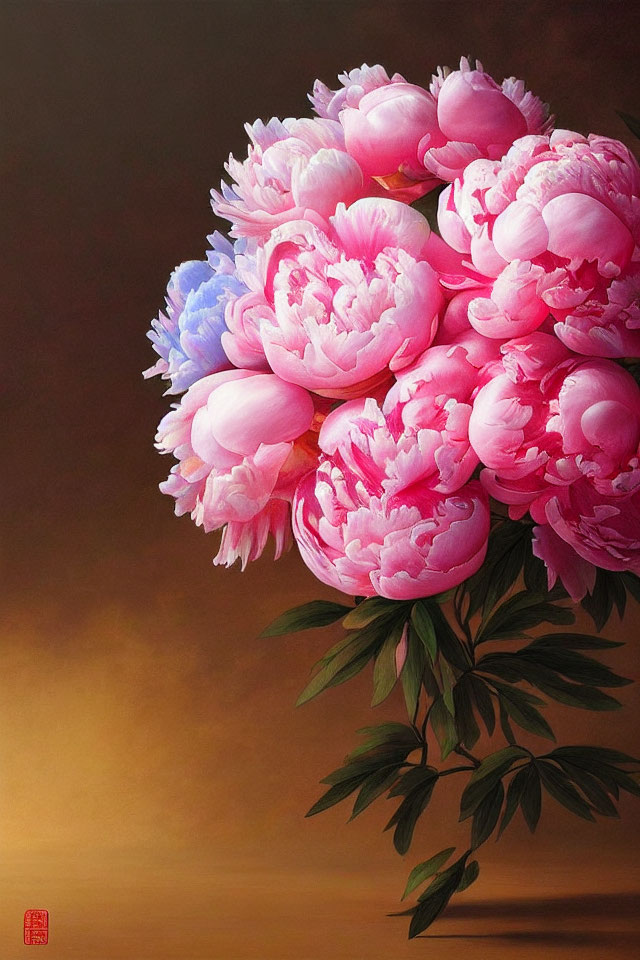 Pink Peonies and Blue Flowers Painting on Warm Gradient Background