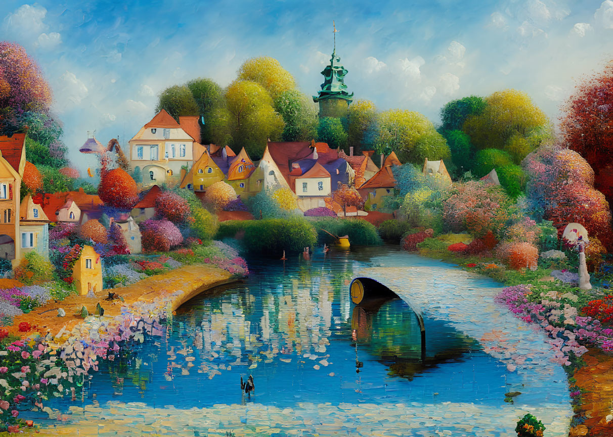 Colorful Painting of Quaint Village with Blooming Trees and Stone Bridge