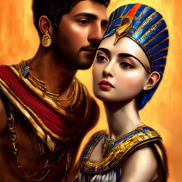 Digital portrait of man and woman in ancient Egyptian attire with pharaoh's headdress