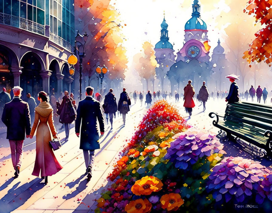 Colorful flowerbeds, ornate lamps, and classic architecture in vibrant street scene