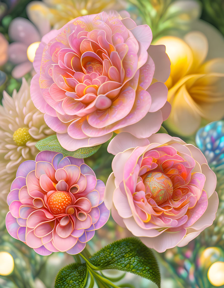 Colorful Stylized Flower Digital Art in Pink, Yellow, and Orange