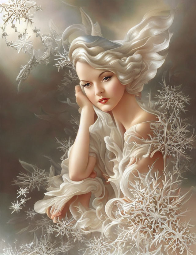 Whimsical female figure with wavy white hair in serene snowflake setting