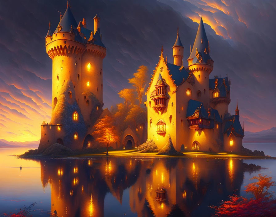 Castle with illuminated windows reflected on tranquil waters at dusk