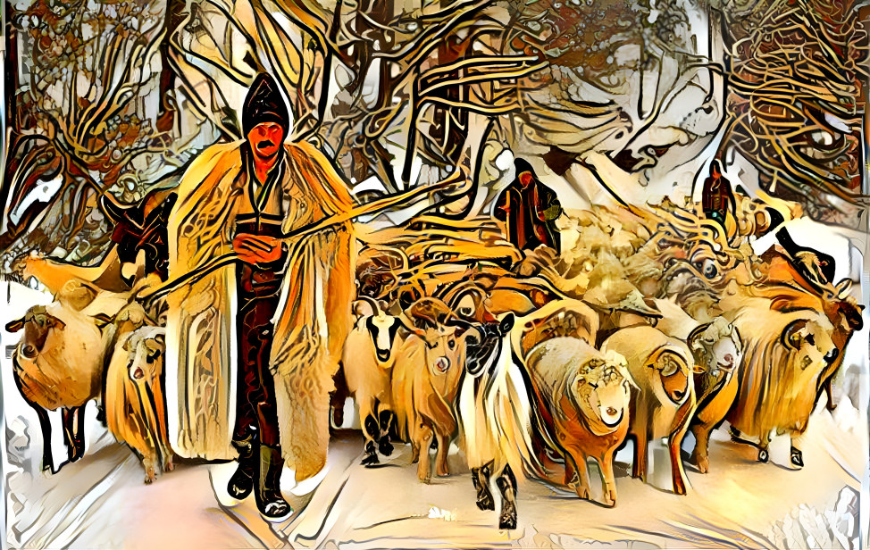 Romanian shepherd and his flock