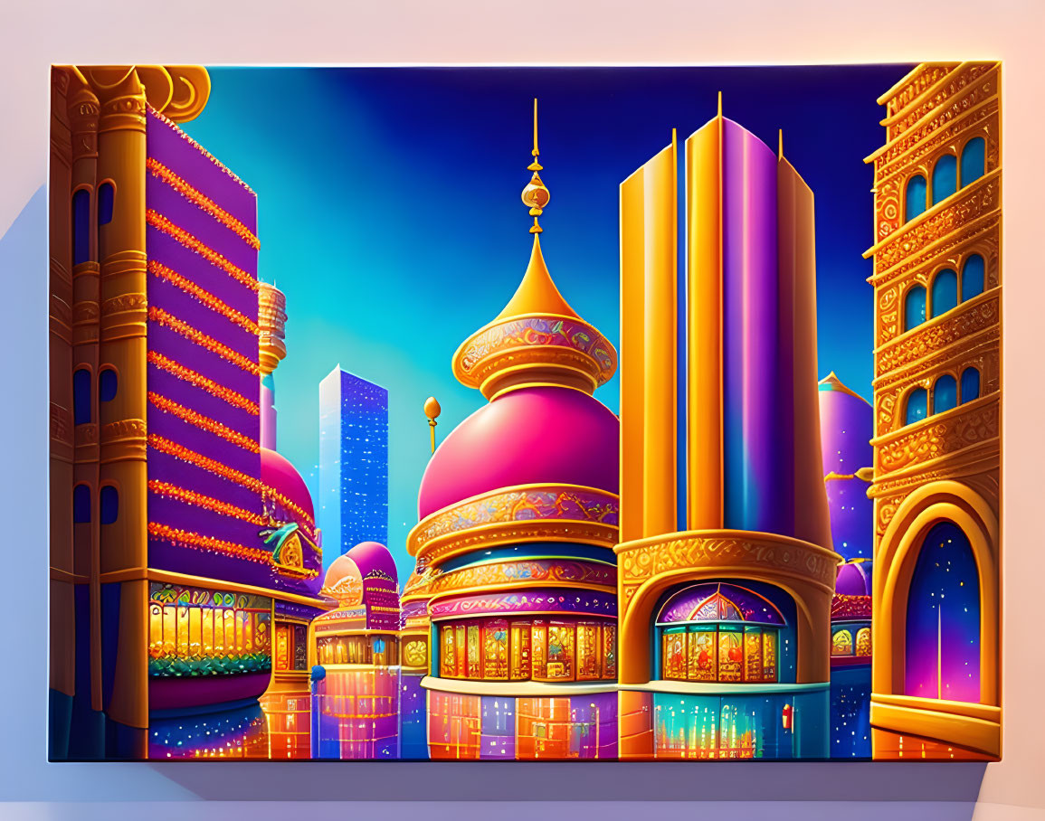 Colorful Middle Eastern cityscape illustration at twilight