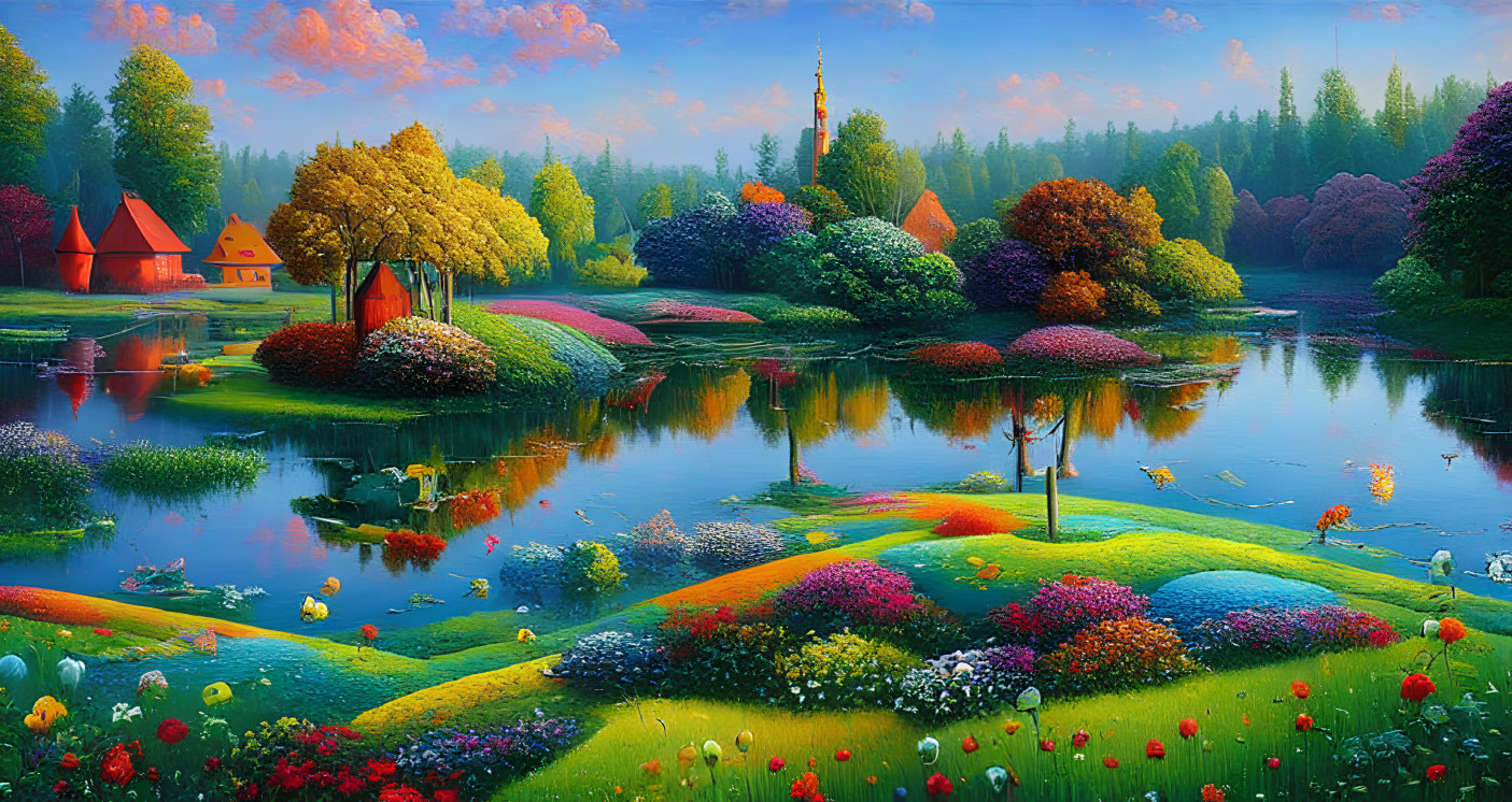 Tranquil landscape with vibrant flowers, serene lake, cottages, and church spire.