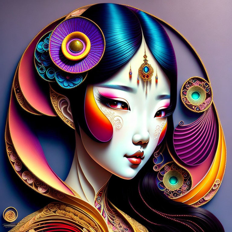 Vibrant digital artwork of stylized woman with intricate patterns