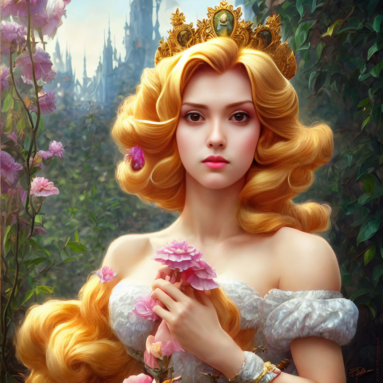 Regal woman with golden hair and crown in lush garden setting.