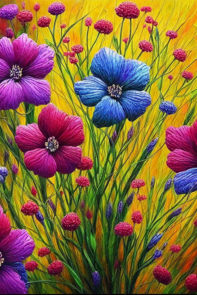 Colorful Painting of Purple and Blue Flowers on Yellow Background