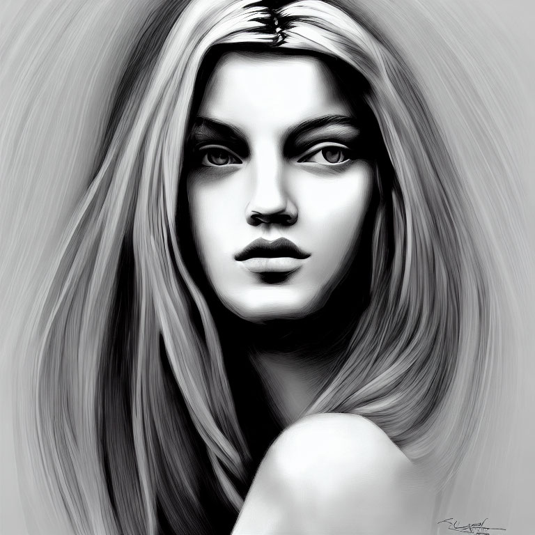 Monochrome digital artwork of a woman with flowing hair and captivating eyes