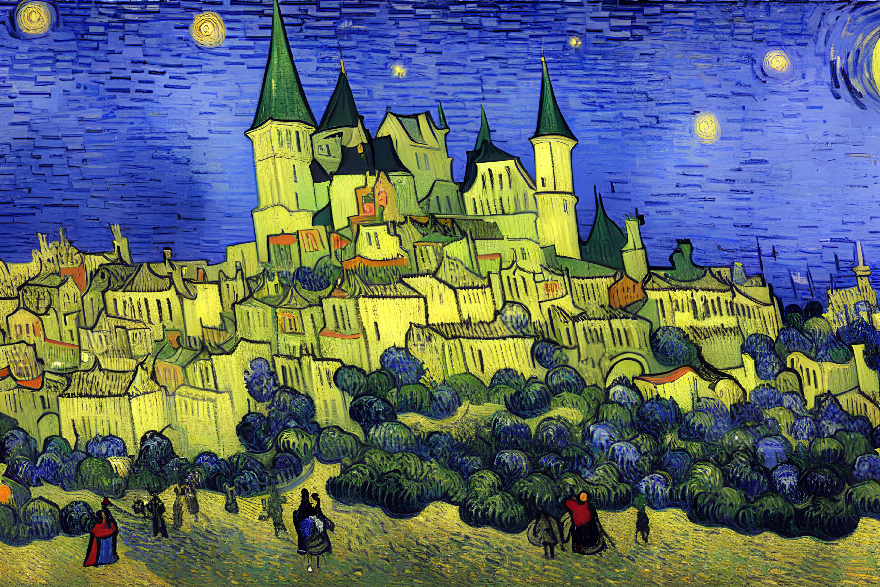 Vibrant impressionistic painting of castle on hill with starry sky