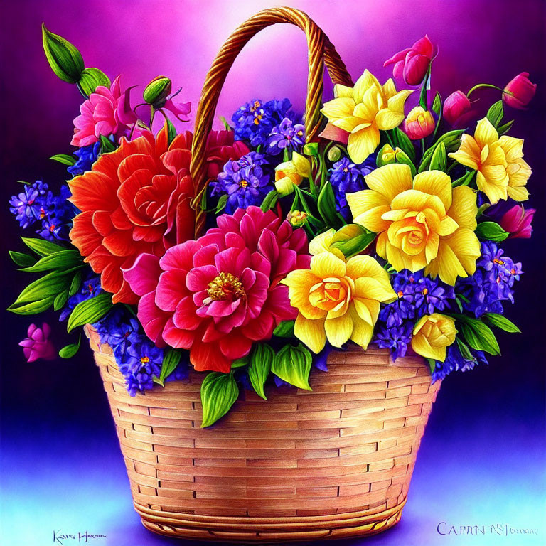 Colorful Flower Arrangement in Wicker Basket on Purple Background