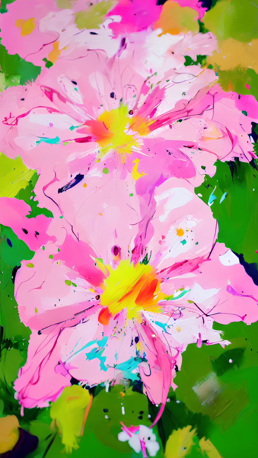 Colorful abstract painting of pink flowers with splatters and drips