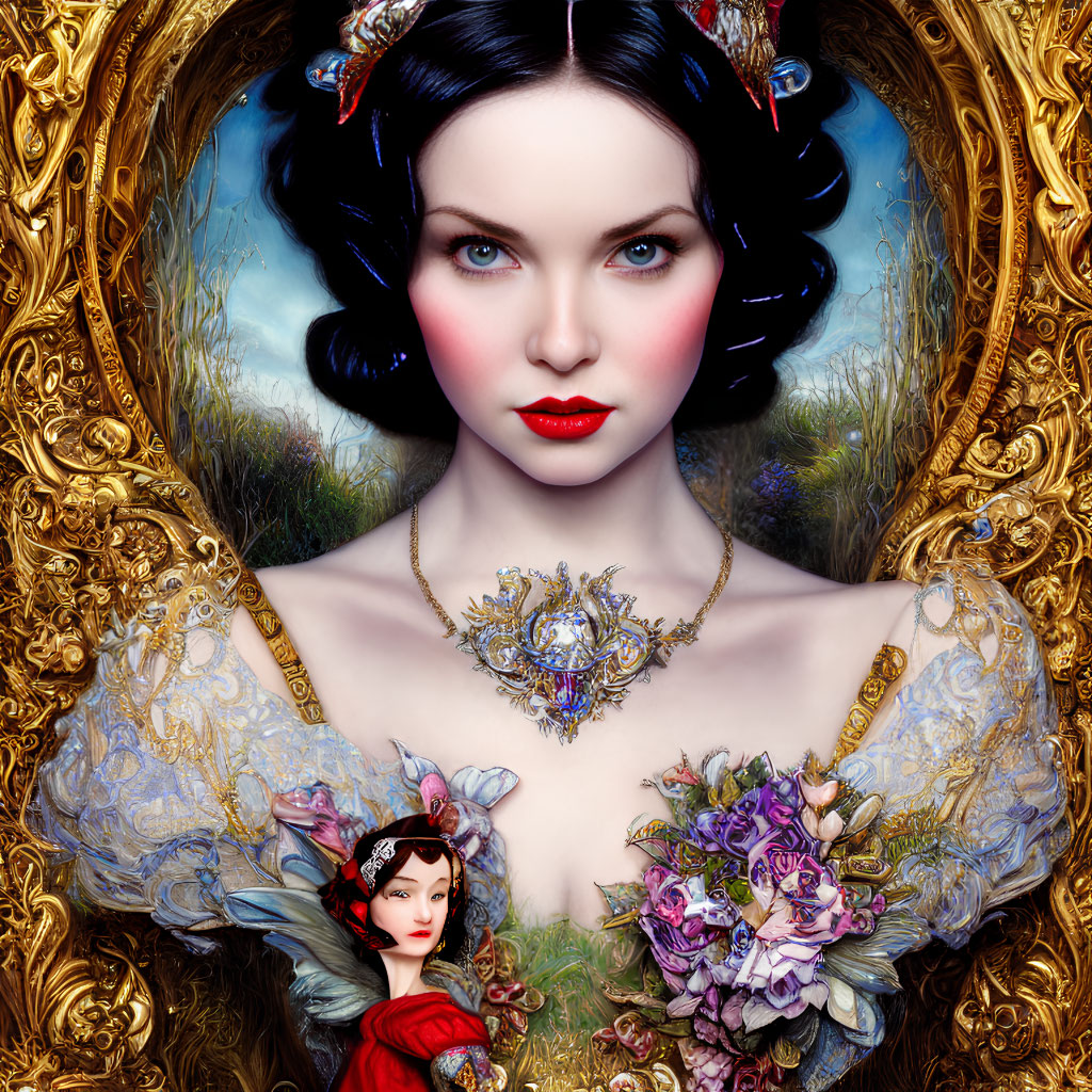 Digital artwork featuring woman with fair skin, blue eyes, dark hair, and ornate golden and floral